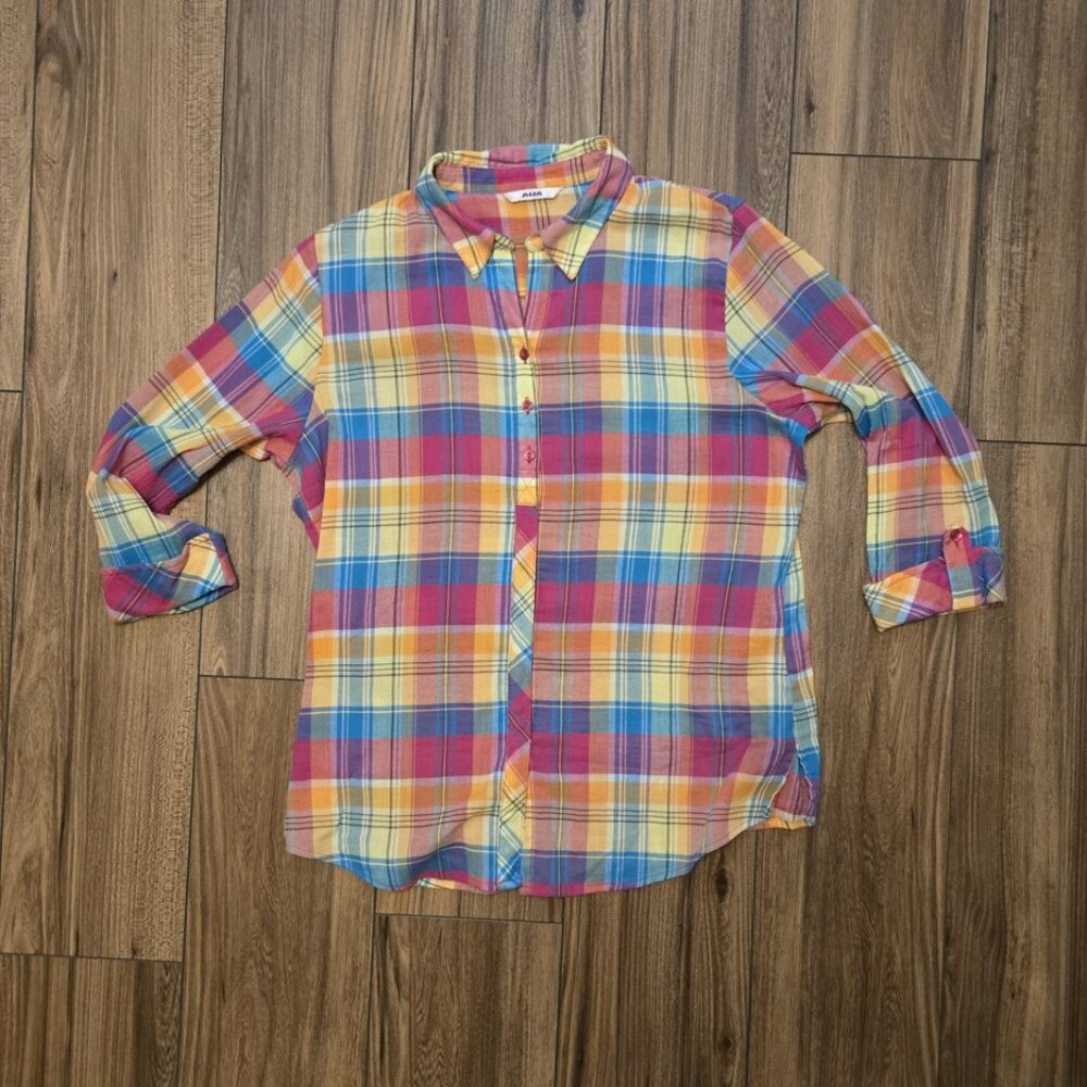 ALIA Colorful Plaid Button Up Top Blouse Shirt‎ Casual Large XL